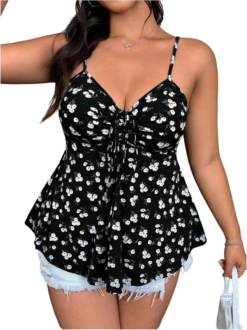 Verdusa Women's Plus Size Floral Print Camisole Tops Ruched Drawstring Spaghetti Strap Cami Shirt (XXXL)