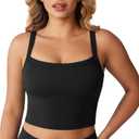 Hugcurve Adjustable Longline Sports Bra Square Neck Workout Tank Crop Tops for Women with Built in Bra Padded Camisole (XSmall, Black)