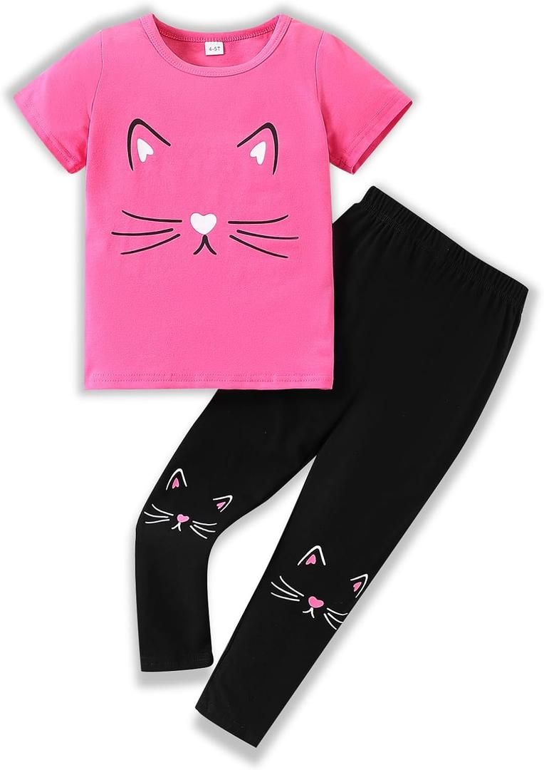 7-8T Toddler Girl Clothes Cat face print Short Sleeve Top+Pants Outfits Girl Spring and summer 2-Piece Set