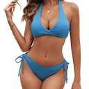 BMJL Women's Ribbed Bikini Sets Halter Tie Two Piece Cheeky Swimsuit Sexy String Curvy Bathing Suits (Blue,S)