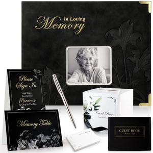 molekaus Embossed Funeral Guest Book for Memorial Service, Celebration of Life Guest Book Set for Funeral Sign in with 8X10in,50 Memory Cards,2 Table Signs, a Card Box, and a Silver Pen