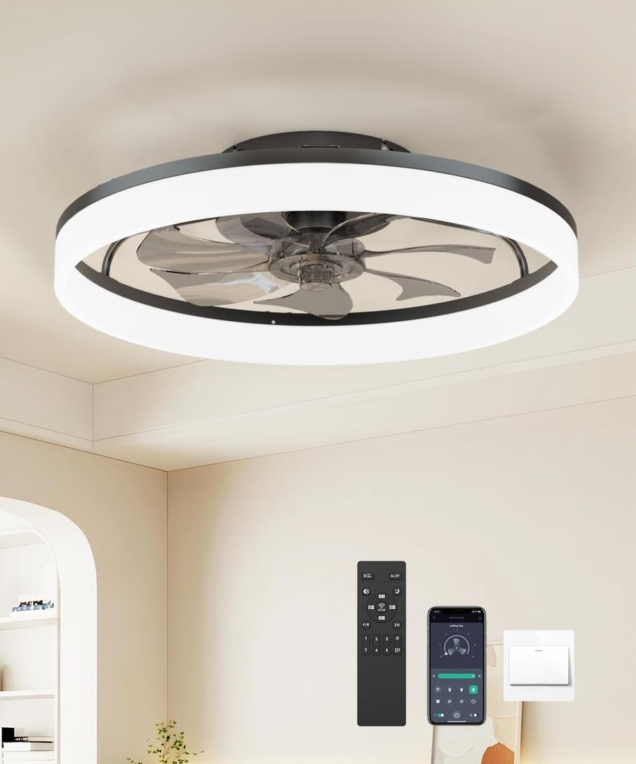 Ceiling Fans with Lights and Remote,19.7" Flush Mount Ceiling Fan with Lights,3000-6500K Dimmable and 6 Wind Speeds ,Low Profile Ceiling Fan with Light for Bedroom, Kids Room (Black)