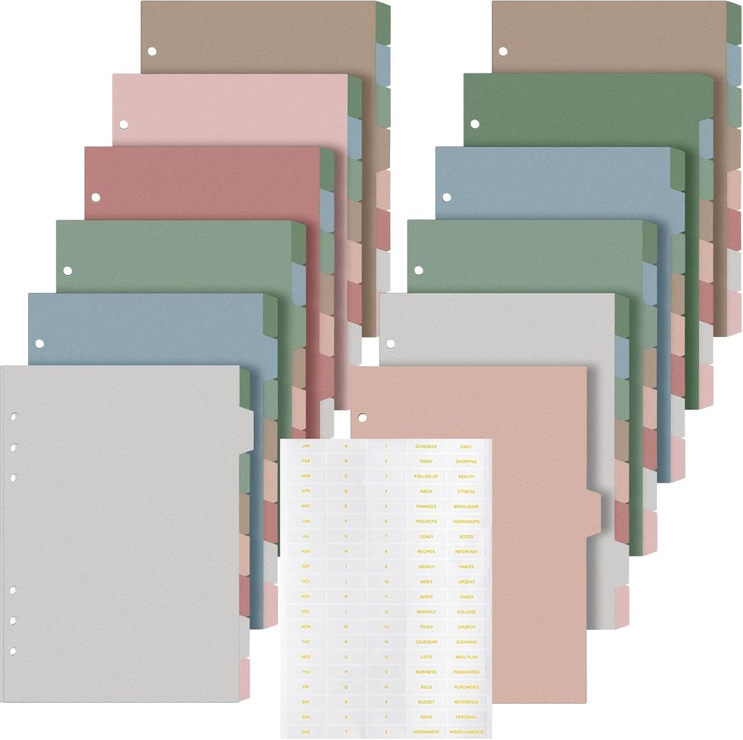 Outus 96 Pcs A5 6 Hole Binder Dividers with 8 Tabs 8.27 x 5.51 Inch Mini Binder Dividers with 5 Pcs Month Stickers for Notebook Travel Diary Journal Planner
