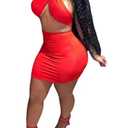 HLSIN Women's Sexy 2 Piece Dress Ruched Sleeveless Crop Top Mini Skirt Set Club Orange M