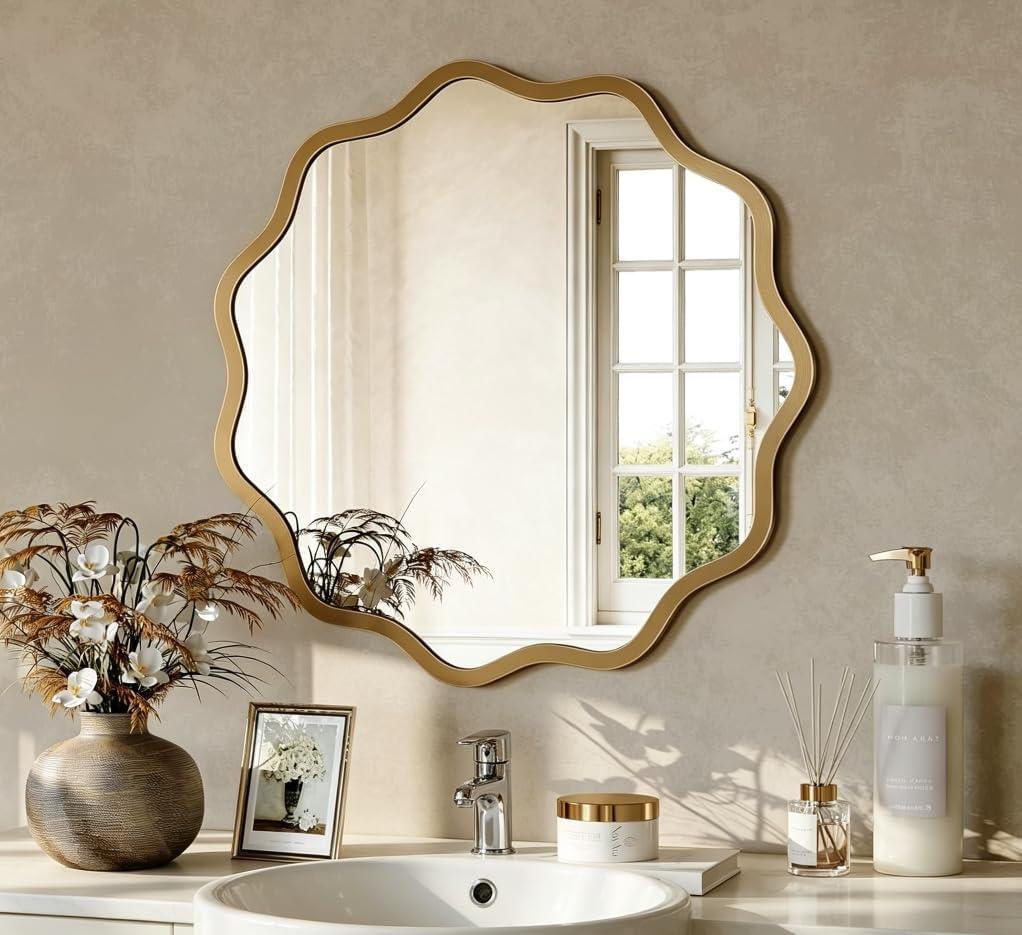 Brightify Gold Round Bathroom Wall Mirror, 20 Inch Circle Brushed Gold Mirrors with Metal Frame, Wall Wavy Mirror for Over Sink, Living Room, Vanity, Bedroom, Entryway, Fireplace