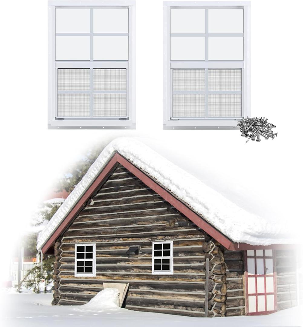Gaahing 2-Pack 12" x 18" Heavy-Duty Aluminum Shed Windows Kit Flush Mount with Tempered Glass & Fiberglass Screens for Chicken Coops, Barns, Playhouses, Garages (White)