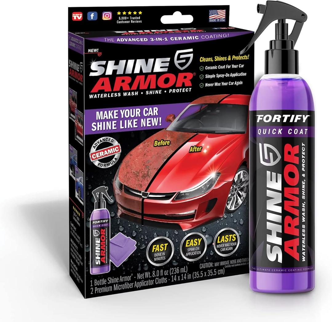 Car Wax Spray and Ceramic Coating for Cars - 3 in 1 Waterless Car Wash and Detailing - Quick Effect Coating Agent for Car - High Gloss Car Coating Spray, Shiny Car Stuff by Shine Armor - 8FlOz