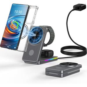 3 in 1 Magnetic Wireless Charger for Samsung, Foldable MagSafe Wireless Charging Station for Samsung Galaxy S25Ultra/Z Fold7/Flip7/S24, Watch Charger for Galaxy Watch 8/Ultra/7/6/5/4/Buds (Grey)