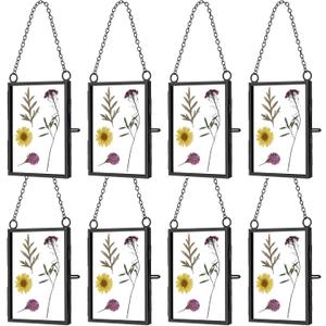 Landhoow 8 Pcs Double Glass Frame for Pressed Dried Flowers 3.5 x 2.5 Inch, Hanging Floating Picture Frames Metal Plant Specimen Vertical Photo Artwork Display Decor(Black)