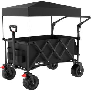 2 in 1 Collapsible Wagon with 300lbs Weight Capacity,150L Heavy Duty Utility Cart with Removable Canopy,with Big All-Terrain Beach Wheels & Drink Holders,Black