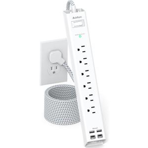 Extension Cord 10 ft - Long Power Strip Surge Protector, 6 AC Outlet 4 USB (2 USB C), Flat Plug, Wall Mount, Multi Plug Outlet Extender Desk Charging Station for Home Office Dorm Room Essentials (White & Grey)