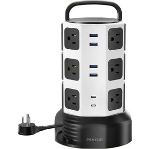 Power Strip Tower Surge Protector, JACKYLED 12 Outlets 6 USB (2 USB C) Charging Station, Extension Cord with Multiple Outlets, 1050J 1625W/13A Outlet Extender 6.5ft Extension Cord for Home Office
