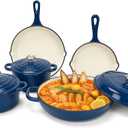 Nonstick Enameled Cast Iron Cookware Set, 8-Pcs Pots and Pans with Lid, Frying Pan Skillet, Sauce Pan, Healthy Round Dutch Oven Pot for Sourdough Bread Baking on All Stovetop, Come with Organizer,Navy
