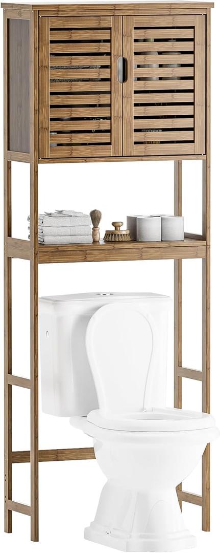 SMIBUY Bathroom Storage Shelf with Cabinet, Bamboo Over-The-Toilet Organizer Rack, Freestanding Toilet Space Saver with 3-Tier Adjustable Shelves (Walnut), 10.63"D x 25.4"W x 68.9"H