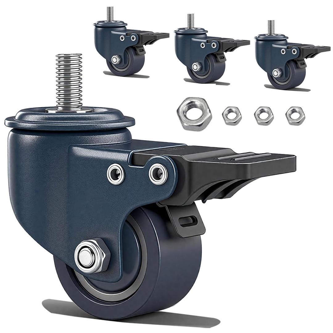 M8-1.25 Stem Caster Wheels, 1.6" Inch Heavy Duty Casters Set of 4, Threaded Stem (Diameter 8mm, Length 15mm) Locking Small Blue Caster with Brake, Swivel PU Mini Castor for Furniture, Carts