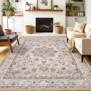 Washable 8x10 Large Area Rug: Oriental Stain Resistant Rugs for Living Room Medallion Non-Slip Carpet for Dining Room Soft Distresses Floor Mat for Bedroom Home Office 8x10 Cream/Beige