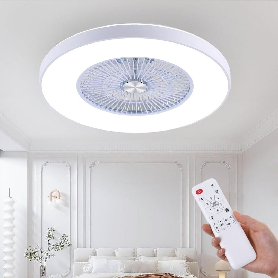 24" Bladeless Ceiling Fans with Lights and Remote/APP Control, Low Profile Ceiling Fan with 3-Dimmable Lights, Enclosed Flush Mount Ceiling Fan for Kid's Bedroom/Living Room (White)