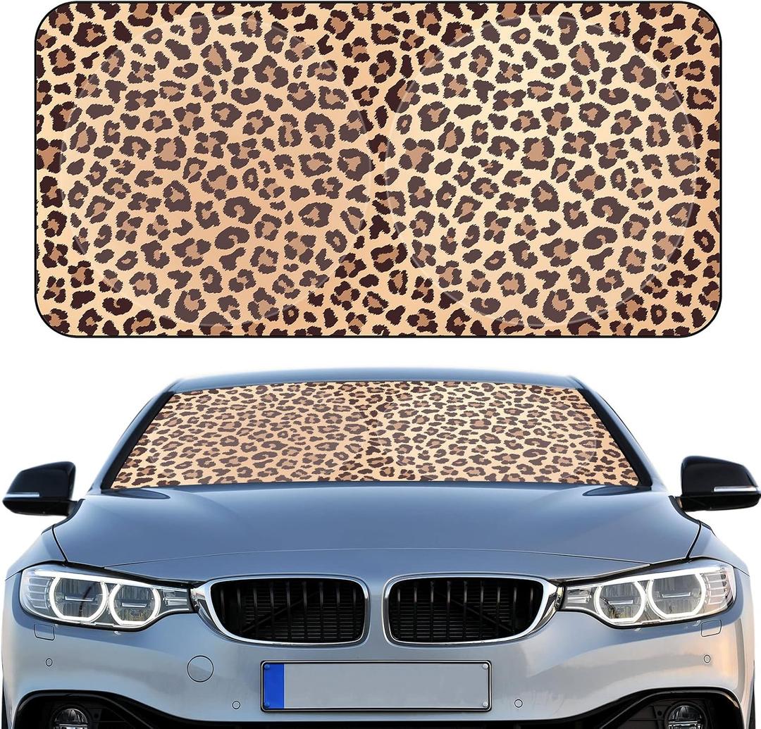 Windshield Sun Shade Foldable Car Front Window Covers for Car Accessories Sun Heat UV Rays Visor Protector Protection for Universal Cars SUV Truck(Nice Leopard)