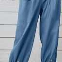 Womens Capri Pants Cotton Linen Cropped Trousers Summer Wide Leg Drawstring High Waist Palazzo Pants with Pockets (Blue, M)