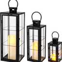 TRIROCKS Metal Candle Lantern Set of 3 - Assorted Sizes (9/15.5/19.5 Inch) - Tall Decorative Hanging Lanterns with Tempered Glass Panels Indoor & Outdoor Home Decor for Parties & Events - Black Finish