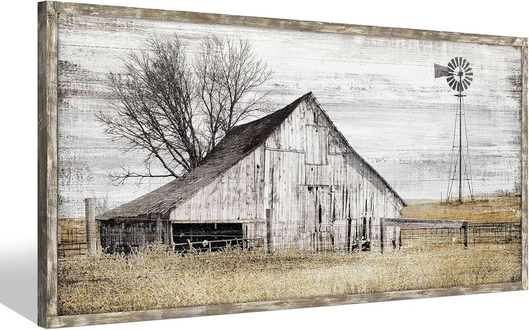 Farmhouse Framed Wall Art Picture: Rustic Barn Farm Wood Artwork Decor Large Country Landscape Windmill Print Horizontal Panoramic Countryside Rural Nature Scene Painting for Living Room Bedroom, 48"L x 24"W