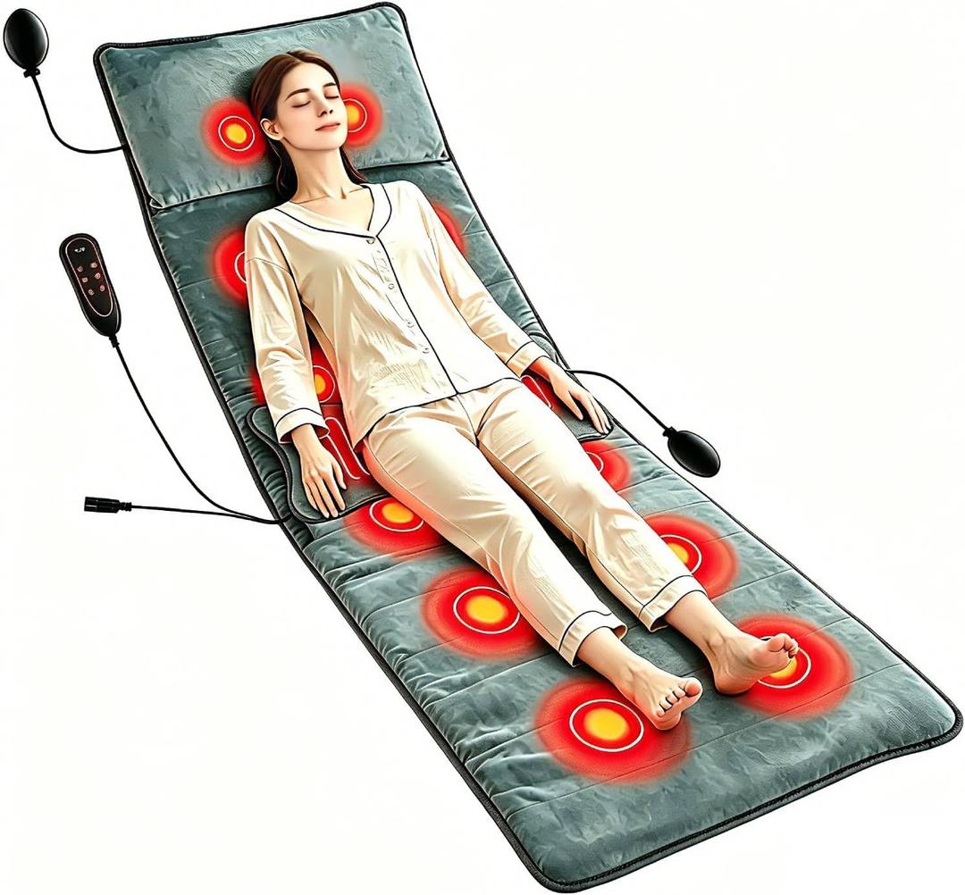 TeqHome Full Body Massage Mat with Heat, 10 Vibration Motors & 3 Timers, Includes Inflatable Pillows for Chair/Bed/Sofa, Relaxation & Comfort, Ideal Gifts