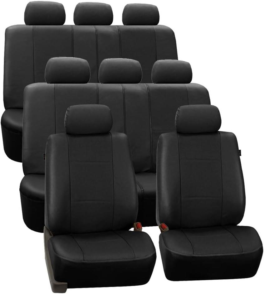 FH Group Three Row Car Seat Covers Deluxe Leatherette with 8 Seater, Airbag Compatible and Rear Split - Universal Fit for Cars Trucks & SUVs Black