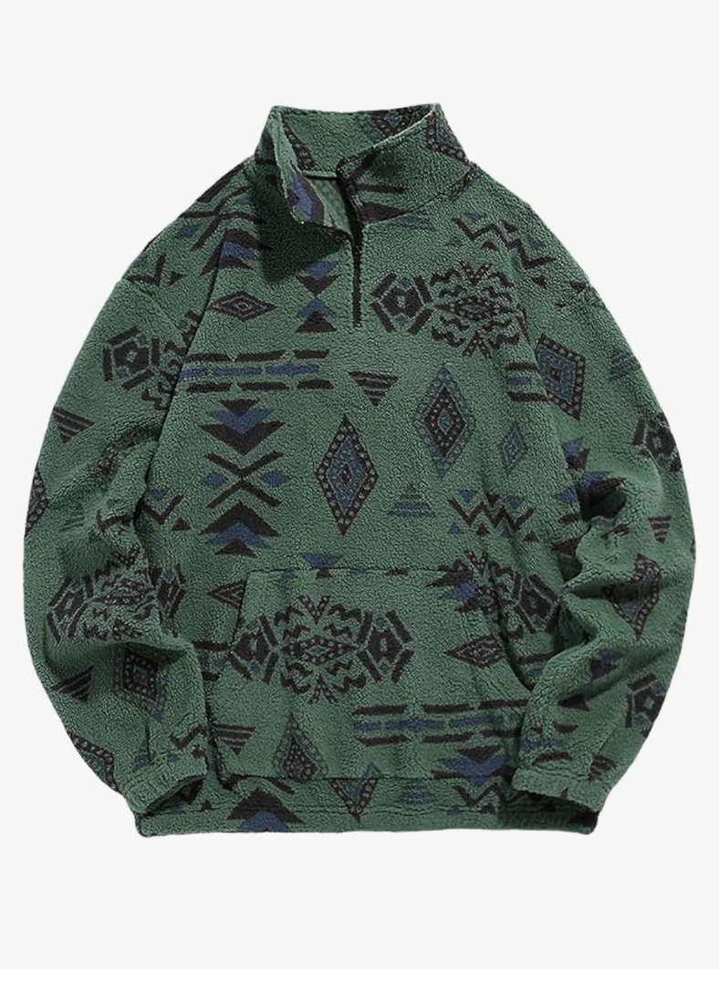 Men 1/4 Zipper Sweatshirt Ethnic Aztec Printed Kangaroo Pocket Fall Winter Pullovers Jacket Unisex Hoodie Tops Size XL