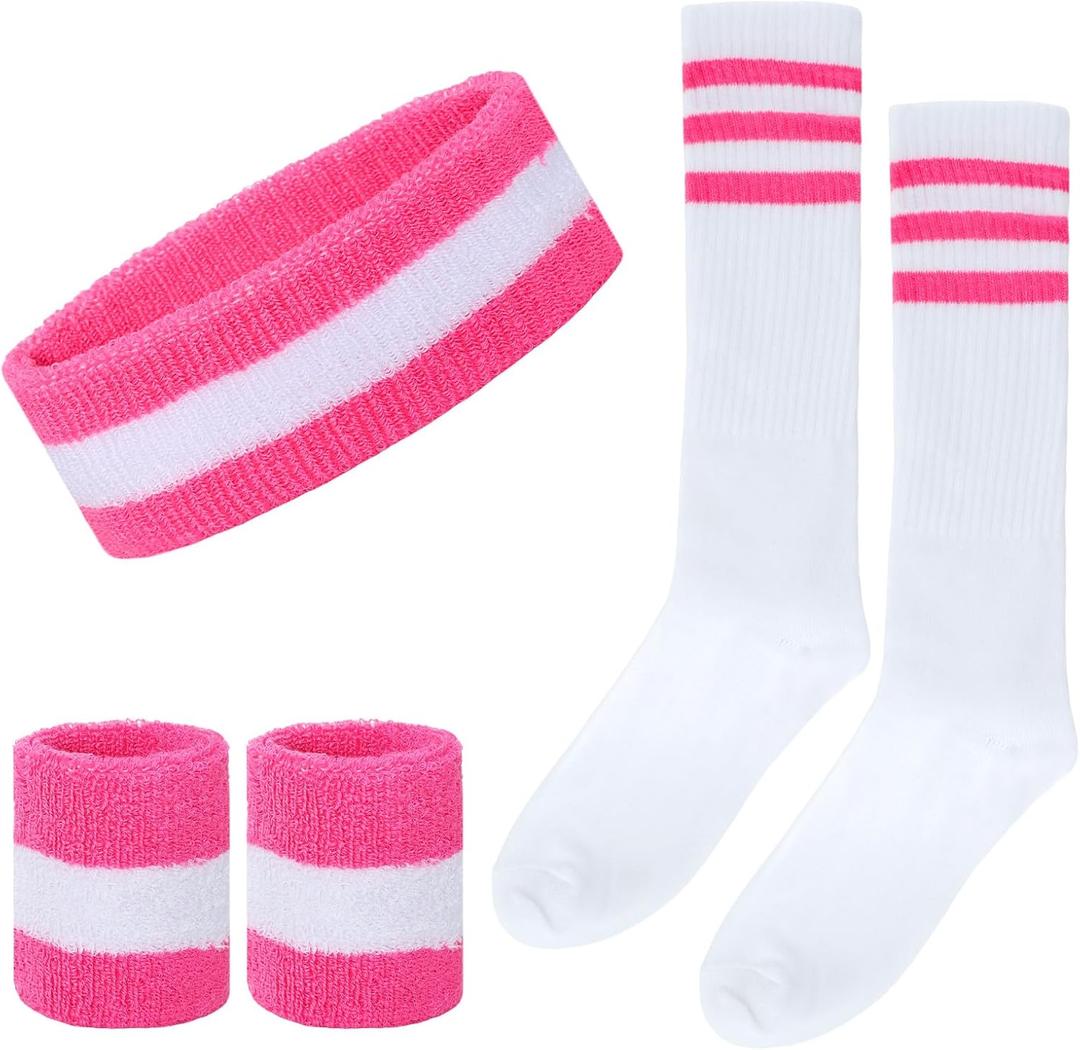 5 Pieces Striped Sweatbands Sock Set Sports Headband High Tube Socks and Wristbands for Women Men Sports 80s Party 80s Accessories Costumes (Pink/White)