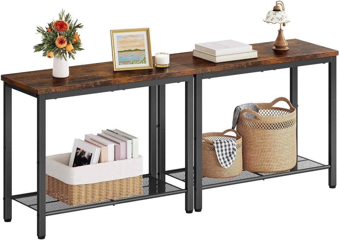 Hoctieon 2 Tier End Table, Sofa Side Table, Narrow Side Table with Storage, Slim Nightstand for Small Spaces, Metal Frame, for Living Room, Bedroom, Sofa Couch, Hall, Rustic Brown, 2 Set