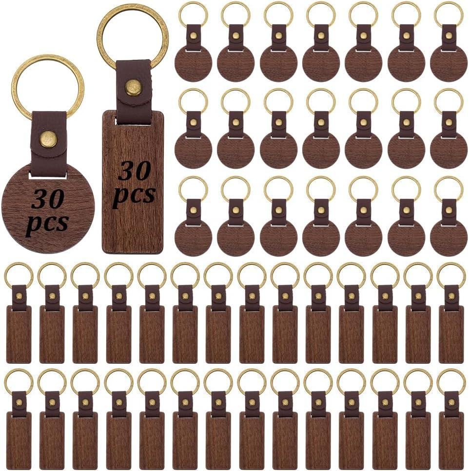 60 PCS Leather Wood Keychain Blanks Unfinished Wooden Keychains Rectangular and Round Shape Walnut Wood Keychains Blanks for Engraving DIY Crafts Personalized Gifts