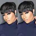 HOTKIS Pixie Cut Wig Human Hair - Layered Cut Short Wigs for Black Women, Natural Straight Short Pixie Wigs with Bang, Glueless Black Hair Pixie Wig Machine Made Non Lace Cap, 4 Inch