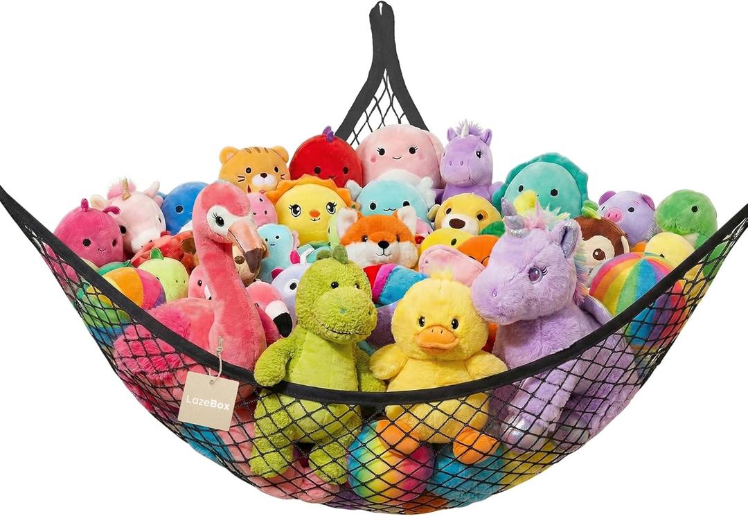 Lazebox Stuffed Animal Net Hammock for Plushie Toys, Stuffed Animal Hammock Corner for Kids' Room Decor, Ideas for Organizing Stuffy Collection, Easy to hang with Anchors & Hooks, 1 Pack, Black