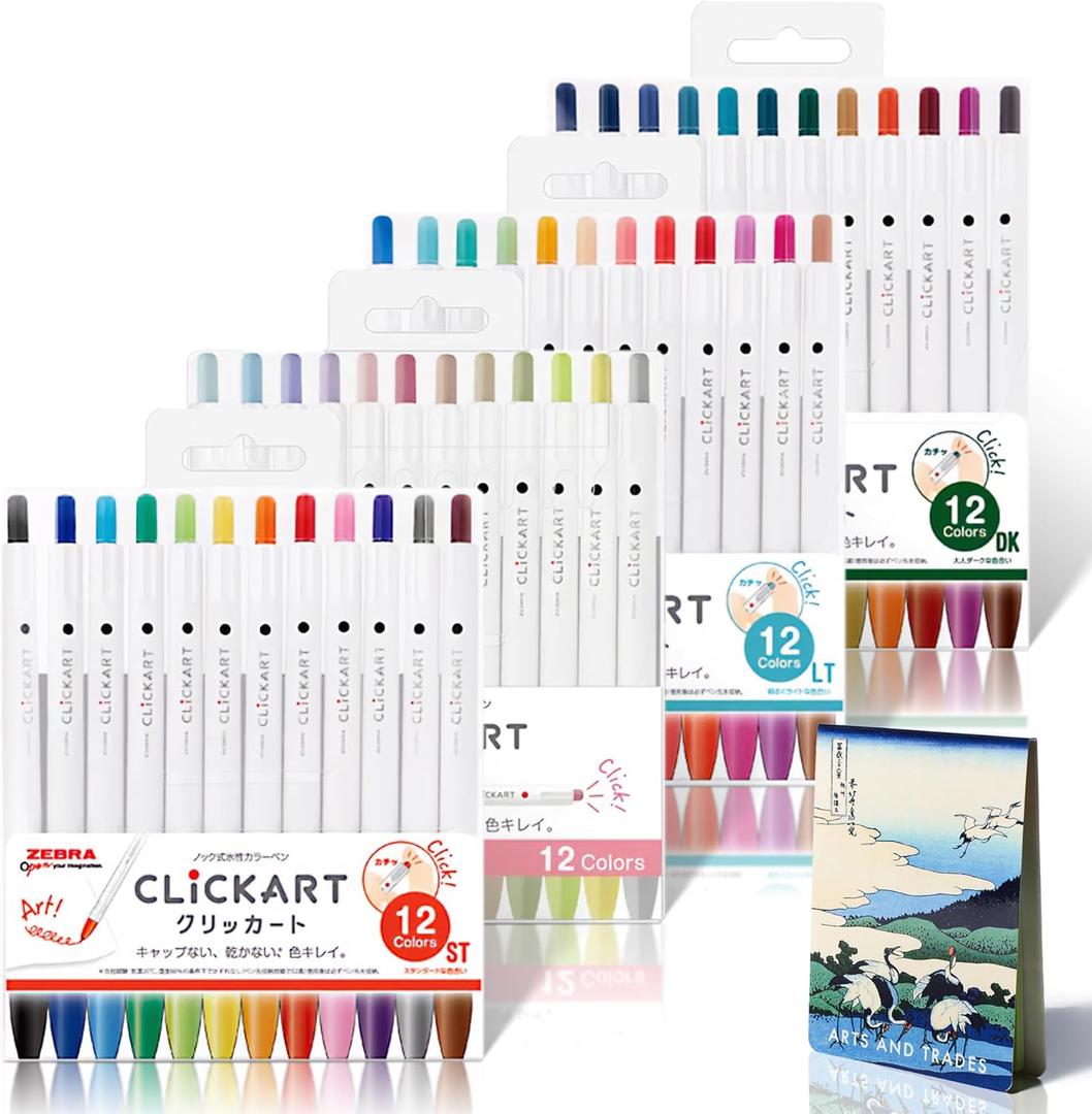 Zebra Clickart Retractable Marker Pens 48 Colors Complete Set, 4 Unique 12-Color Sets Included, Water-Based Ink, Smooth Writing, Ideal for Note-Taking and Artwork with Ukiyo-e sticky notes