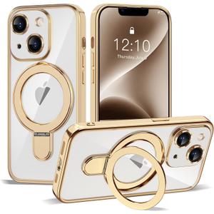 Compatible with iPhone 14 Case with Invisible Magnetic Ring Stand [Compatible with Mag-Safe] [Full Camera Lens Protector] Plating Clear Phone Case for iPhone 14 6.1", Gold
