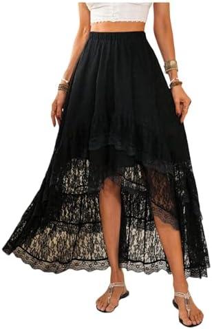 SHENHE Women's Boho Maxi Skirt High Low Asymmetrical Lace Ruffle Hem Flowy Western Skirt, Small