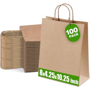 Ginkgo 100 Pcs Paper Gift Bags with Handles, Medium Size Brown Paper Bags 8x4.25x10.25 Inch, Kraft Bag Bulk for Party, Favor, Holiday, Goodie, Grocery and Shopping