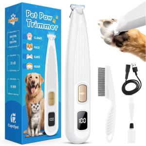 Dog Paw Trimmer with LED Light, 35dB Low Noise Precision Pet Paw Trimmer for Dogs Cats Grooming Clippers, 2 Speed Safety Electric Paw Hair Trimmer for Paws, Ears, Rump, Face, Eyes (White)
