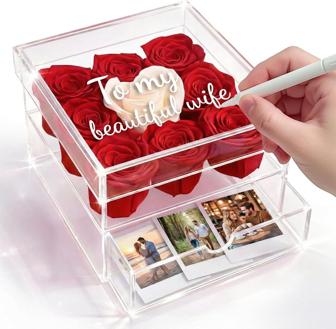 MENANA Mothers Day Roses Gifts for Mom, Wife - 9 Roses Preserved Flowers in A Box - Anniversary, Mothers Day, Birthday Gifts for Her Girlfriend Grandma Aunt Sister - Red Roses in Acrylic Keepsake Box