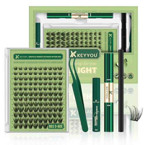 KEYYOU Natural Lash Clusters Kit 144Pcs DIY Lash Extension Kit Wispy Eyelash Extensions Kit D Curl 8-18MIX with Bond and Seal and tweezers with Thin Lash Band(KIT-N03-D-8-18MIX)
