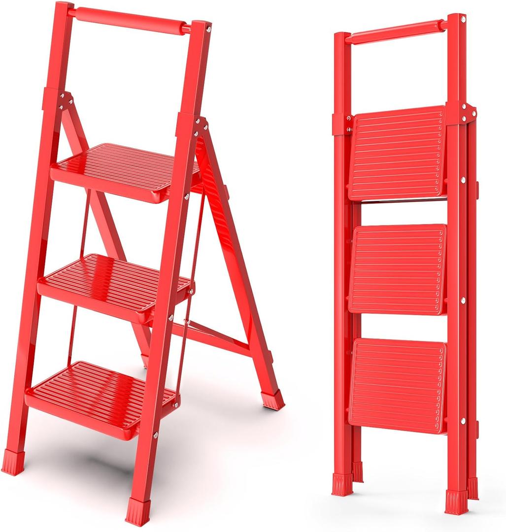 3 Step Ladder, Folding Step Stool with Wide Anti-Slip Pedal Sturdy Steel Ladder with Cushioned Handle for Adults Home (Red)