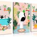 3pcs Black Cat Bathroom Canvas Wall Art Funny Cute Vintage Cats Wall Decor Pictures Green Plants Black Cat Posters Prints for Bathroom Toilet Decoration Ready To Hang, 12x16in