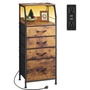 WLIVE 4 Drawer Dresser for Bedroom, 37" H Nightstand with Charging Station and Led Light, Tall Night Stand Bed Side Table, End Table with USB Ports and Outlets, Fabric Bins, Wood Shelf, Rustic Brown