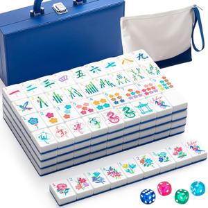 Soulchen 1.2 Inch Acrylic American Mahjong Set 168 Blossom Numbered Tiles, Tiles Bag and Portable Travel Case Classic Complete Mahjong Set for Adult Collection Gift(Blue)