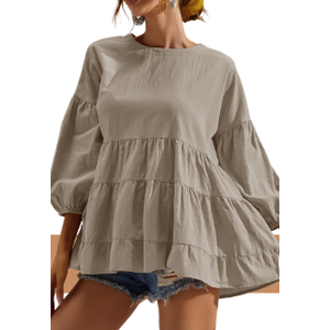 CiCiBird Women's 3/4 Ruffle Sleeve Babydoll Top Loose Peplum Crewneck Tunic 2025 Fashion Casual Shirt Size M