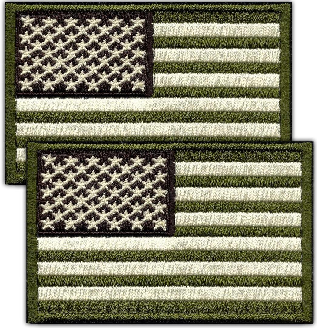 Laughing Lizards American Flag Tactical Patch (2-Pack) | Olive Drab Green Hook & Loop 2x3 Camo Military Patch, Tactical Army Ranger Patches for Hats, Bags & Equipment (Green & Tan Flag)