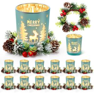 12 Sets 4inch Christmas Glass Votive Candle Holders Decoration Christmas Tealight Candle Holder with Xmas Berry Rings Wreath for Xmas Table Centerpiece Holiday Party Supplies (Silver)