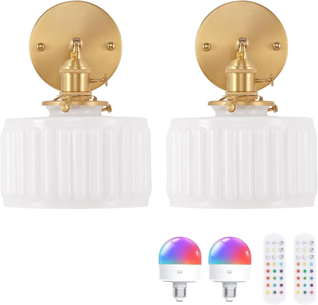 Shenmoyl Vintage Battery Operated Wall Sconce with White Striped Glass Lampshade 5000 mAh Rechargeable Battery Powered Wall Light with Remote Control for Bedside Bedroom Doorway, Set of 2