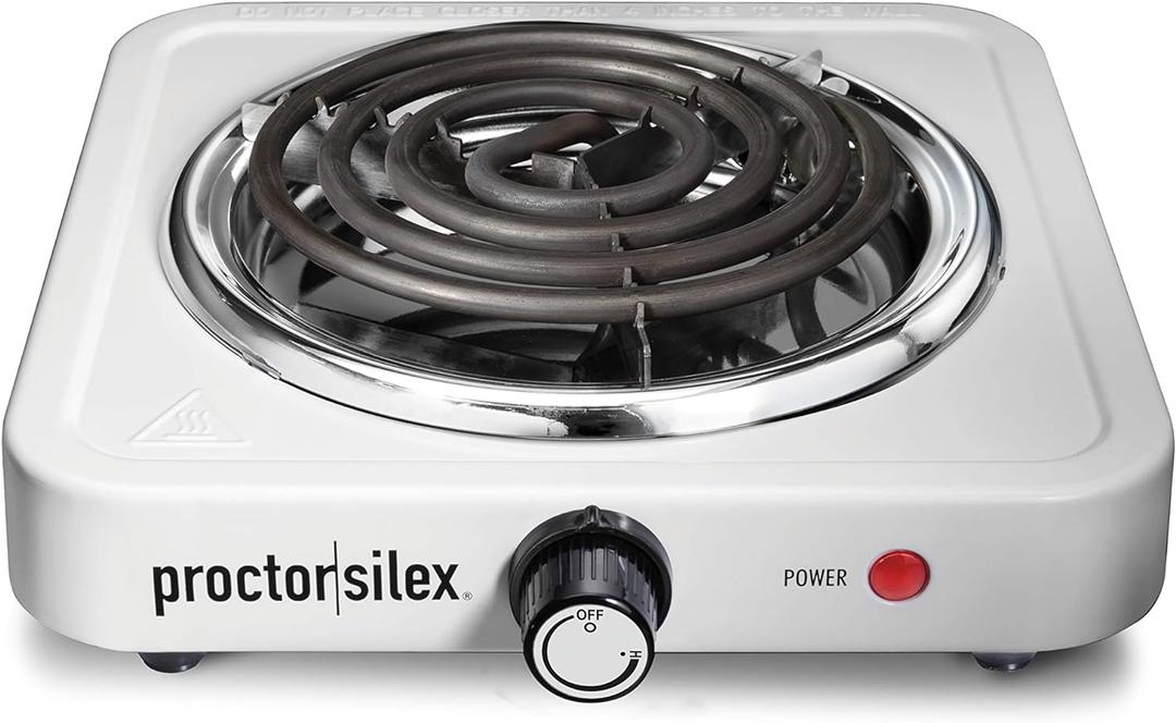 Proctor Silex Portable Electric Stove, Stainless Steel Single Burner Cooktop, Compact, Adjustable Temperature Hot Plate, 1200 Watts, White (34106)