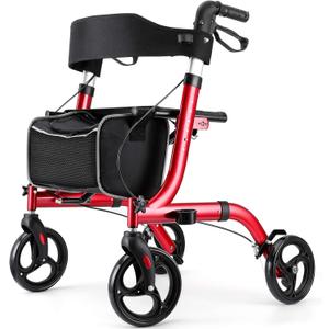 Rollator Walkers for Seniors- Rollator Walker with Seat 8" Wheels- Easy Folding Senior Walker with Padded Backrest- Lightweight Mobility Walking Aid for Adult Elderly, Aluminum Frame, Red